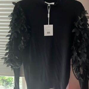 Siani Milano Solid Black Floral Embellished Long Sleeved Crewneck Knit Sweater